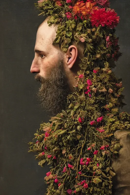 Prompt: a man's face in profile, long beard, made of flowers and fruit and nesting birds, in the style of the Dutch masters and Gregory crewdson, dark and moody