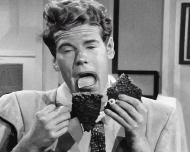 Image similar to Wally Cleaver eating a Choco Taco on Leave It To Beaver, black and white television still