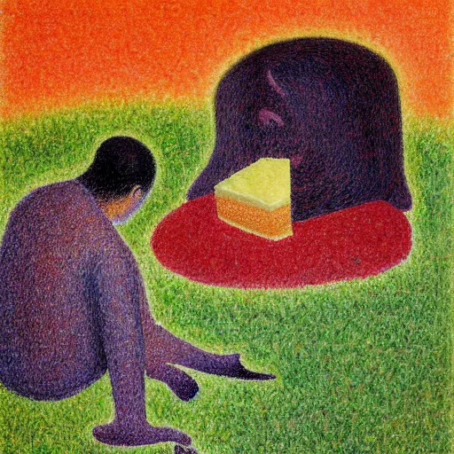 Image similar to a dying mexican man clinging to a cheesecake, oil painting, by georges seurat