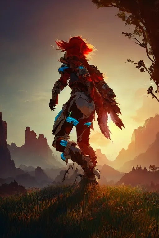 Image similar to combination suit armor aloy horizon forbidden west horizon zero dawn radiating a glowing aura global illumination ray tracing hdr fanart arstation by ian pesty and alena aenami artworks in 4 k tribal robot ninja mask helmet backpack