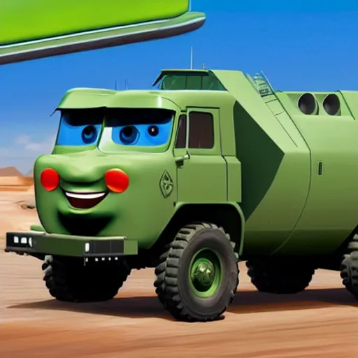 Image similar to HIMARS in Cars Pixar movie, detailed, green