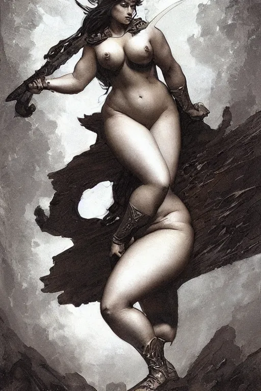 Prompt: Beautiful Chonky heroine with thick thighs and large breasts, sword in hand, crouched for a fight - in the style of greg rutkowski, by Gustave Doré, by frank frazetta, by Marco Turini, by Artgerm, Deviantart in the style of Tom Bagshaw, by frank frazetta, Cedric Peyravernay, Peter Mohrbacher by William-Adolphe Bouguereau, by frank frazetta, symetrical features, joyful 4k