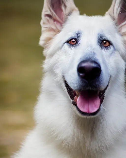 Prompt: An extremely dynamic studio photo of a white German Shepherd dog, bokeh, 90mm, f/1.4