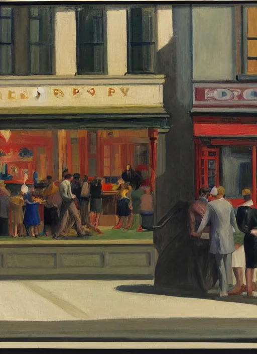 Prompt: in foreground a crowd of tired working citizens carrying their daily routines, while in background there's war and blood and rockets exploding houses and soldiers fire at each other, DSLR 35mm, by Edward Hopper