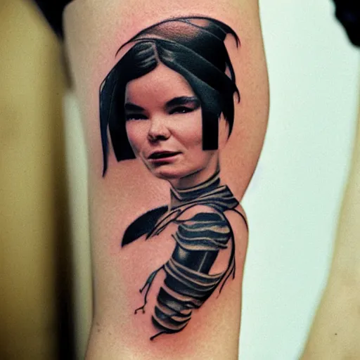 Prompt: Tattoo of Bjork on someone's arm, 35mm film