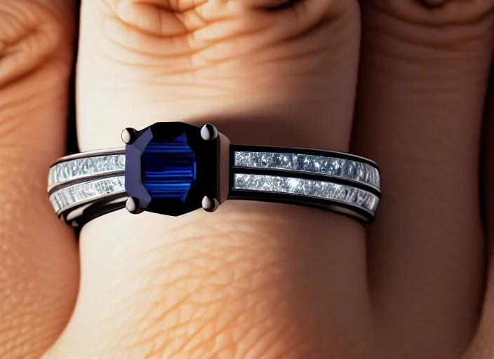 Image similar to futuristic!! wedding ring, sapphire, ( design by porsche!!!!! ), xf iq 4, 1 5 0 mp, 5 0 mm, f / 1. 4, iso 2 0 0, 1 / 1 6 0 s, natural light, octane render, macro shot, symmetrical balance, polarizing filter, sense of depth, ai enhanced