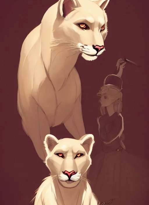 Image similar to beautiful portrait commission of a male furry anthro albino mountain lion with dark red eyes wearing a dress shirt in an old-timey Saloon. Atmospheric. Character design by charlie bowater, ross tran, artgerm, and makoto shinkai, detailed, inked, western comic book art