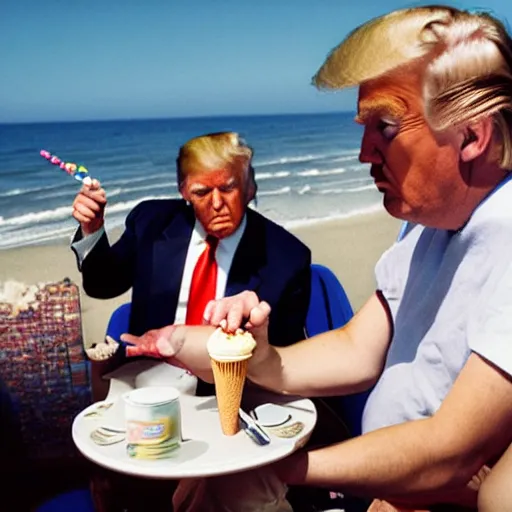 Prompt: Donald trump is having ice cream at the beach by martin parr. Color photography.