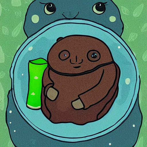 Image similar to cozy tardigrade, giant soft tardigrade curled up in a blanket eating celery, cute, soft, gentle, kind, tender