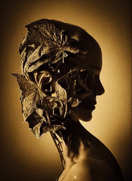 Image similar to a woman's face in profile, made of leaf skeleton, in the style of the Dutch masters and Gregory Crewdson, dark and moody