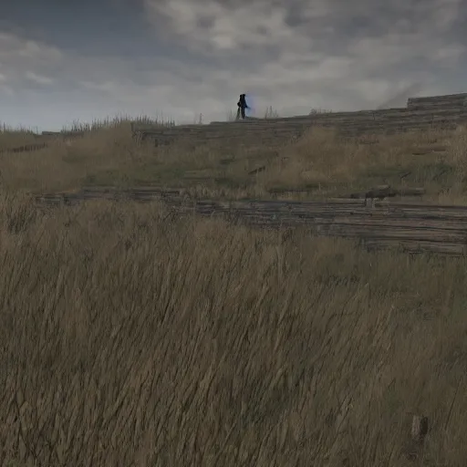 Image similar to steppe landscape with stairs leading to sky in game Pathologic 2