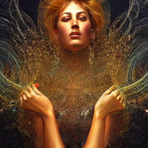 Prompt: Lecturer and her crowd, rear facing, backlit, intricate, detailed digital art by Karol Bak