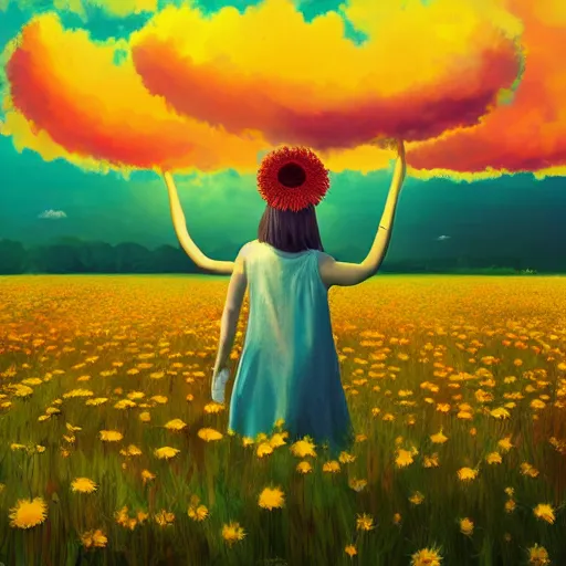 Image similar to giant daisy flower as head, full body girl floating in a flower field, surreal photography, sunrise, dramatic light, impressionist painting, colorful clouds, digital painting, artstation, simon stalenhag