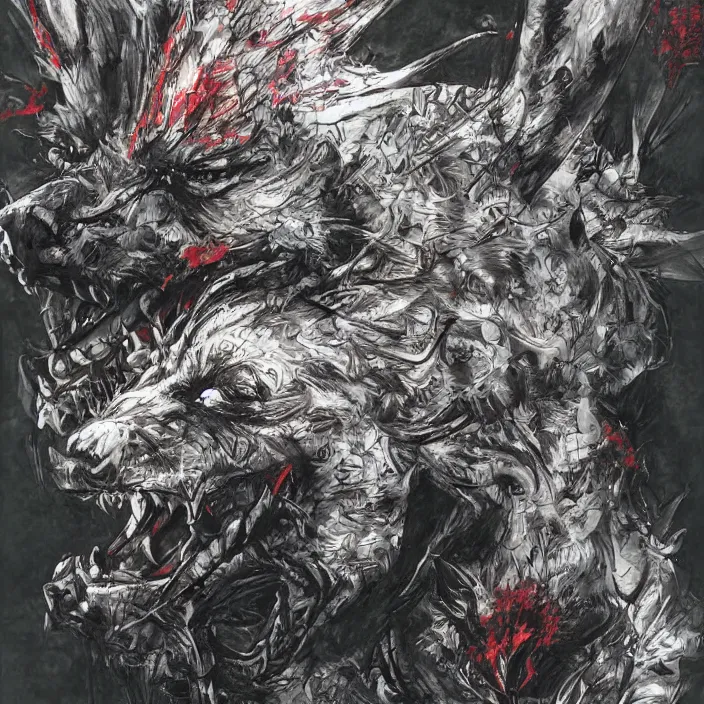 Prompt: hell dog creature, painting, by greg ruthowski, yoshikata amano, yoji shinkawa, alphonse murac, collaborative artwork, beautifully drawn, heavily detailed