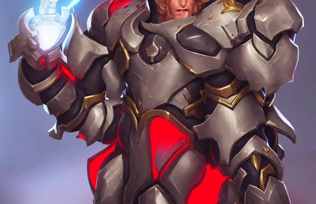 Prompt: pinup poster of Reinhardt Overwatch by Sakimichan, porcelain white skin, imperial centurion in black plate armor and red tabard decorated with filigree, voluptuous male, long luxurious light blond hair, long fluffy blond hair, league of legends splash screen, hyper detailed background, 4K, artstation