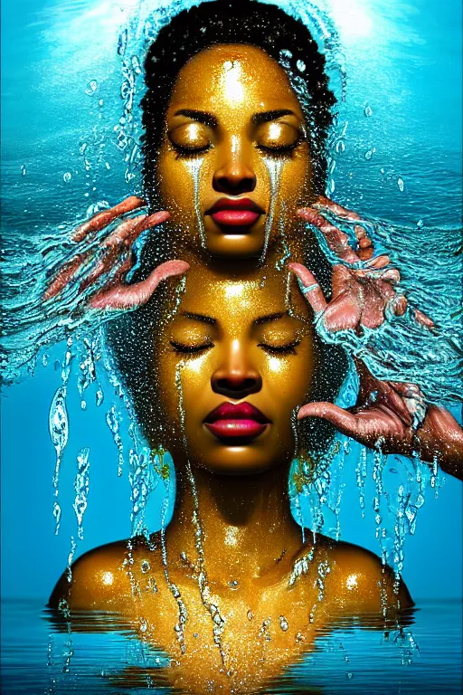 Image similar to hyperrealistic photorealist cinematic super expressive! oshun goddess immersed in water!, mirror dripping droplet, gold ornate jewely, highly detailed face, digital art masterpiece, smooth eric zener cam de leon, dramatic pearlescent turquoise light on one side, low angle uhd 8 k, shallow depth of field