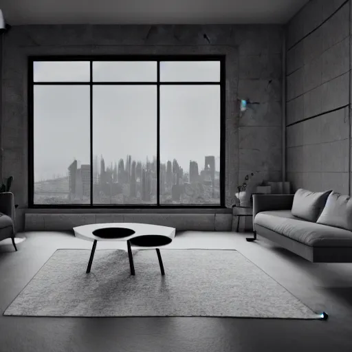 Image similar to brutalist penthouse open living room, big windows, showing city landscape on background, minimalist architecture, minimalist furniture, octane render, high quality, 8 k, post production