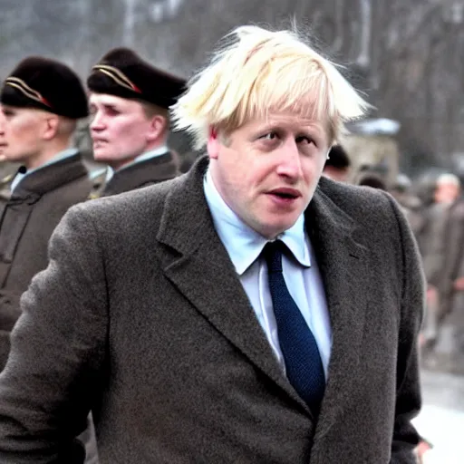 Image similar to movie scene boris johnson in ussr soldiers uniform, photorealistic, highly detailed 8 k