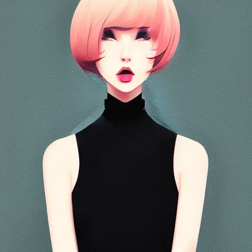 Image similar to rich young female in black tuxedo, scornful, disdainful, muted colors, matte print, pastel colors, 2d, ultra highly detailed, smooth, sharp focus, digital art, digital painting, fan art, elegant, artstation, head is centered, by Ilya Kuvshinov