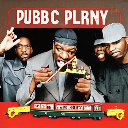 Image similar to album cover for public enemy playing with a toy train set eating hamburgers