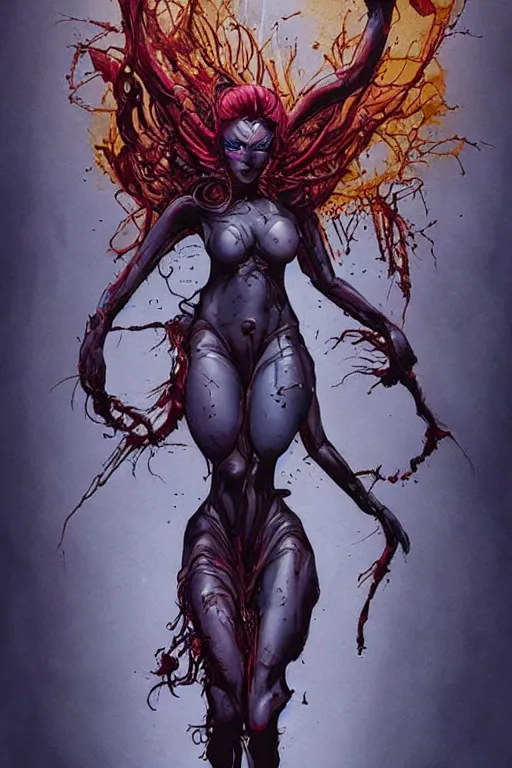 Image similar to xmen comic art,Sprial an epic goddess with 6 arms dancing in the air,beautiful and terrifying,melting,full character design,8k,by Stanley Artgermm,Tom Bagshaw,Geoff Darrow,Carne Griffiths,Ron English,Linsey Levendall,trending on DeviantArt,face enhance,hyper detailed,minimalist,horror,full of colour,cinematic,dynamic lighting