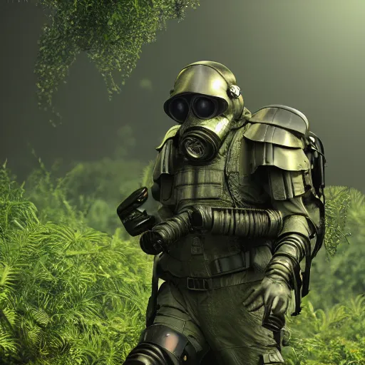 Image similar to a heavily armored man wearing a gasmask, walking through a lush jungle, realistic octane render, ray traced, god rays, extremely high detail