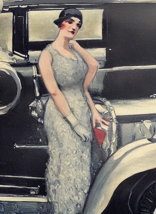 Image similar to a painting of a woman posing in front of a 1920's limo by Louis Icart, highly detailed, masterpiece, trending on ArtStation, ultra realistic