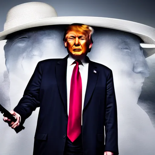 Image similar to mysterious donald trump in black suit and black hat, he has a tommy gun!!, mysterious, 4 k, highly detailed, digital art, strong shadows, high contrast, epic scene, atmospheric, blue colours, award winning photo