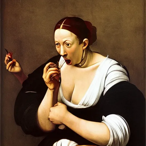 Image similar to woman eating a banana in style of caravaggio