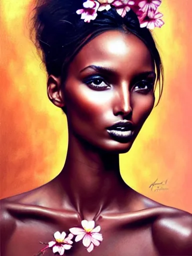 Prompt: portrait of jasmine tookes with a floral background : : painted by artgerm, karol bak, artur bordalo, sandra chevrier : : portrait, character, illustration, hyperrealism, photorealism