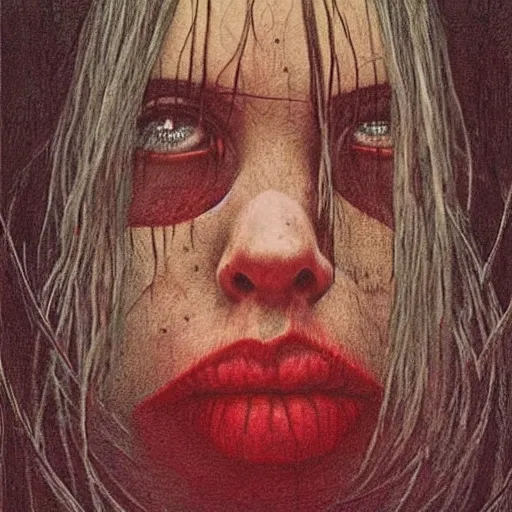 Image similar to grunge drawing of billie eilish by - Zdzisław Beksiński , surrealism style, horror themed, detailed, elegant, intricate