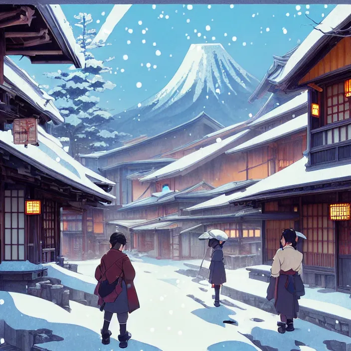 Image similar to japanese rural town, winter, in the style of studio ghibli, j. c. leyendecker, greg rutkowski, artem