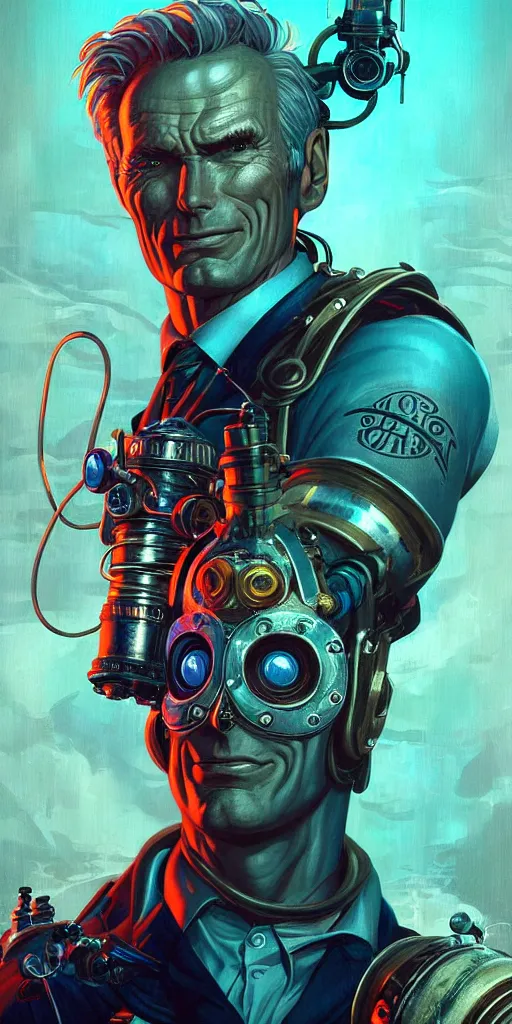 Image similar to lofi underwater bioshock biopunk clint eastwood portrait, Pixar style, by Tristan Eaton Stanley Artgerm and Tom Bagshaw.