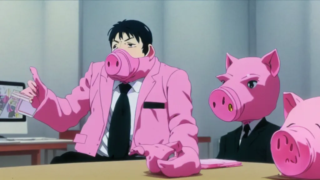 Image similar to a man wearing a pink suit and a pink pig mask sitting in an office, anime film still from the an anime directed by Katsuhiro Otomo with art direction by Salvador Dalí, wide lens