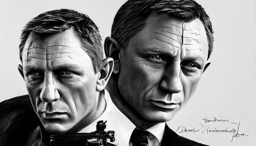 Prompt: a beautiful painting in the style of cedric peyravernay of daniel craig as james bond, award winning, extremely detailed