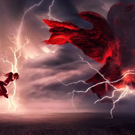 Prompt: Two women: one white winged angel and one red tailed devil. Angel battling devil flying kissing. Scene airborne in the clouds. Background lightning and explosions and black smoke. Detailed, hyper realistic, epic, Backlit