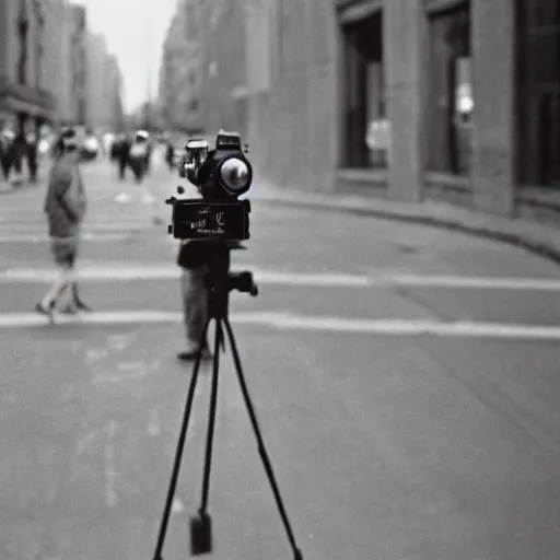 Prompt: A photograph of surrealist street photography in the style of Henri Cartier Bresson, shallow depth of field, wide-angle lens, portra 400