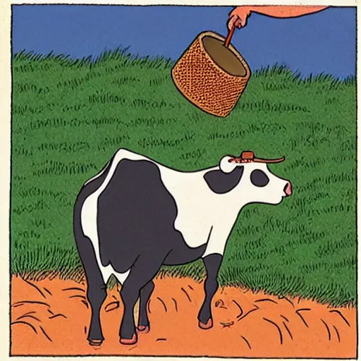 Image similar to a cow points at a bucket, far side, illustrated by gary larson