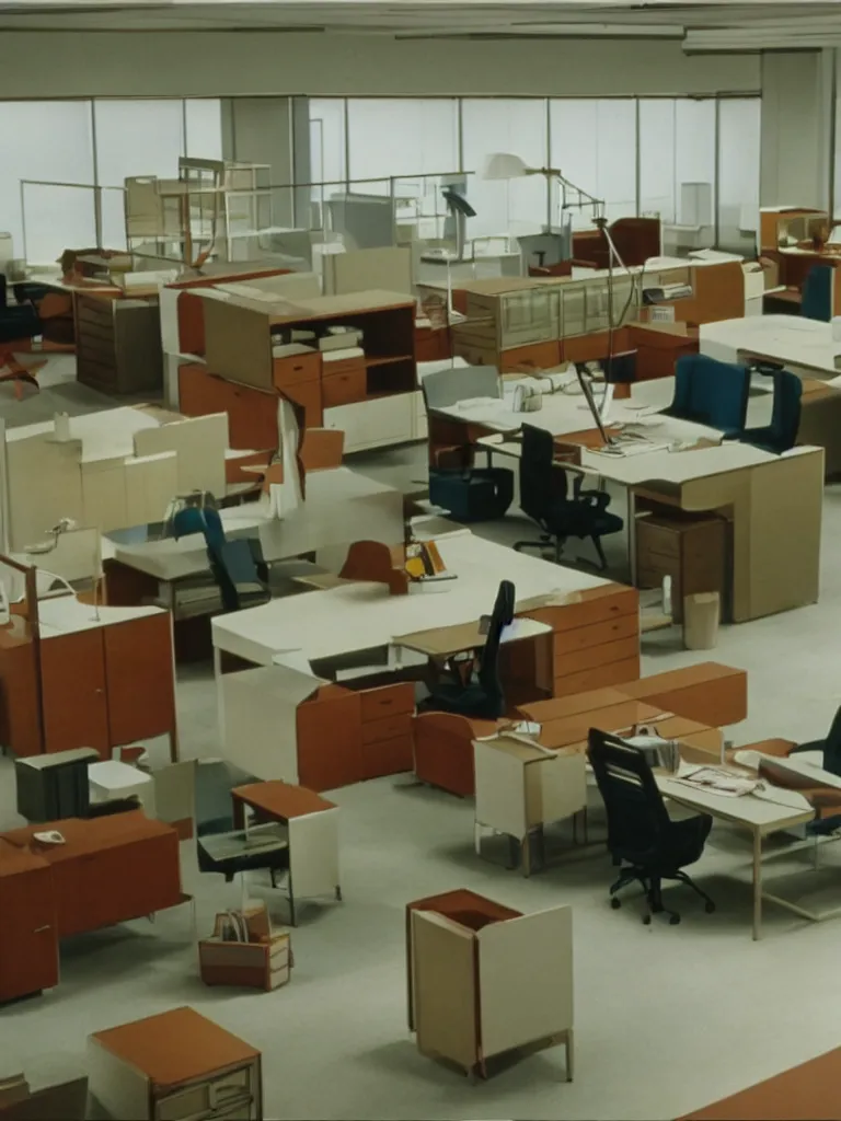 Image similar to a still of severance series indoor 7 0 s furniture office scenario appearing in a film of jacques tati