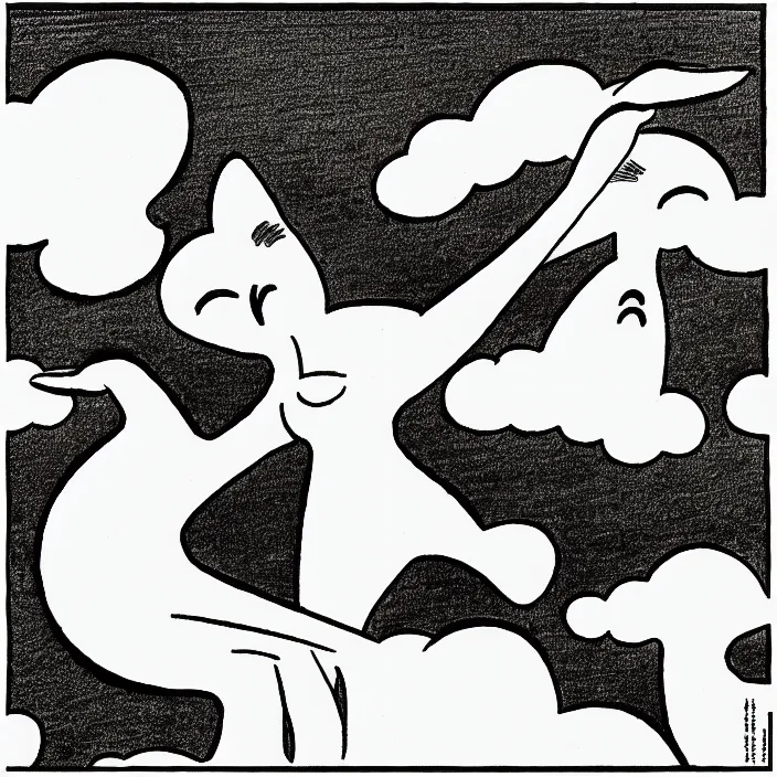 Prompt: a still frame from comic strip, birds dancing clouds 1 9 5 0, herluf bidstrup, new yorker illustration, monochrome contrast bw, lineart, manga, tadanori yokoo, simplified,