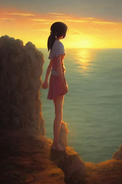 Image similar to a highly detailed matte painting of a girl watching beautiful sunset by studio ghibli, makoto shinkai, by artgerm, by wlop, by greg rutkowski, volumetric lighting, octane render, 4 k resolution, trending on artstation, masterpiece