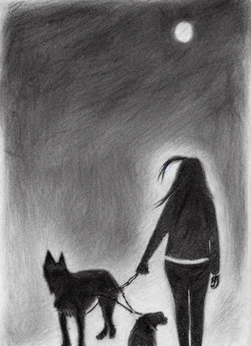 Image similar to young brown woman walking her dog in a park at night with a full moon charcoal drawing