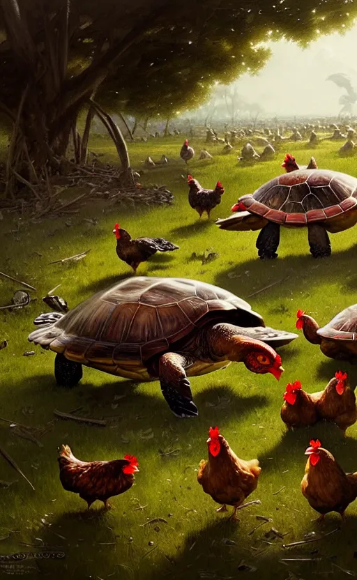 Image similar to war between chickens and turtles, wide angle shot by greg rutkowski