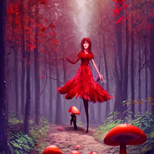 Image similar to Mushroom forest, biopunk, lush, vegetation, tall trees, godrays, falling leaves, woman, red dress, red mushrooms, digital art, 8k, trending on artstation