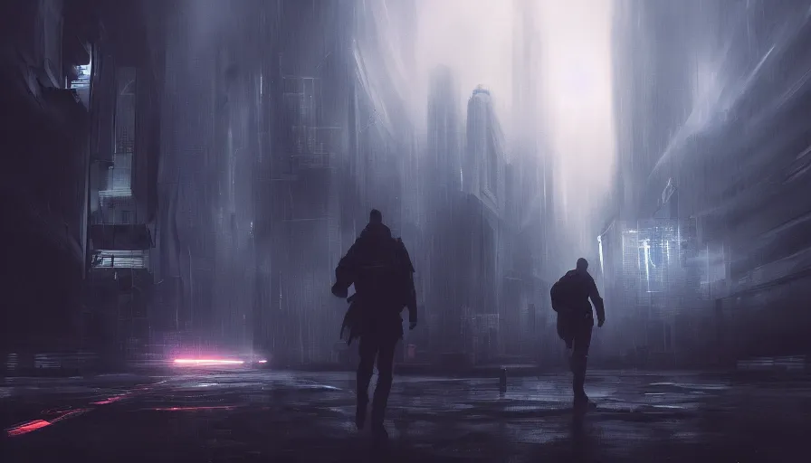 Image similar to man falling through clouds over a dark cyberpunk city, digital art, volumetric lighting, dystopia, artstation, concept art, painting