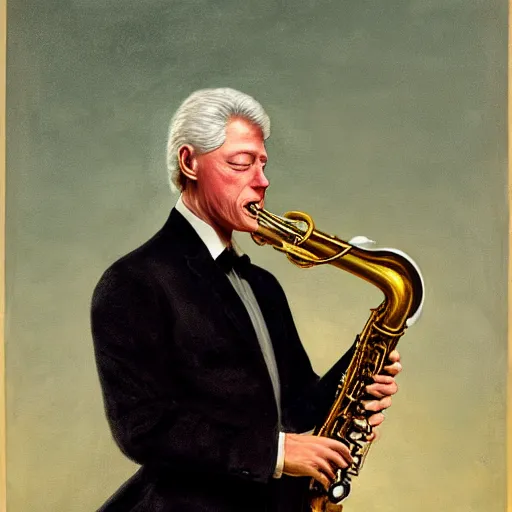 Image similar to Bill Clinton plays his saxophone while Washington D.C. burns, highly detailed, oil on canvas, 1883