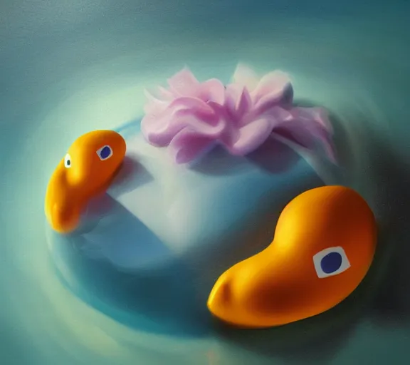 Image similar to gemstone in the shape of a rubber duck floating in a pool of perfume, mystical, enigmatic, digital oil painting, trending on artstation