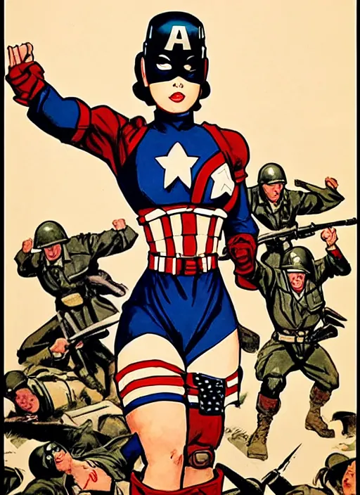 Image similar to beautiful asian female captain america standing on a pile of defeated, beaten and broken german soldiers. feminist captain america wins wwii. american wwii propaganda poster by james gurney. gorgeous face. overwatch