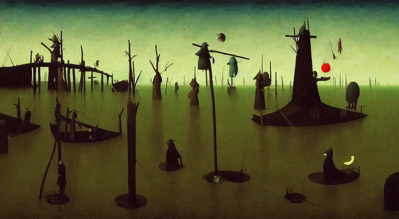 Image similar to single flooded wooden pole, very coherent and colorful high contrast masterpiece by franz sedlacek hieronymus bosch dean ellis simon stalenhag rene magritte gediminas pranckevicius, dark shadows, sunny day, hard lighting