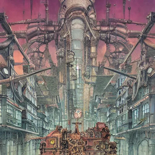 Image similar to A steampunk city, art by James Jean and Wayne Barlowe